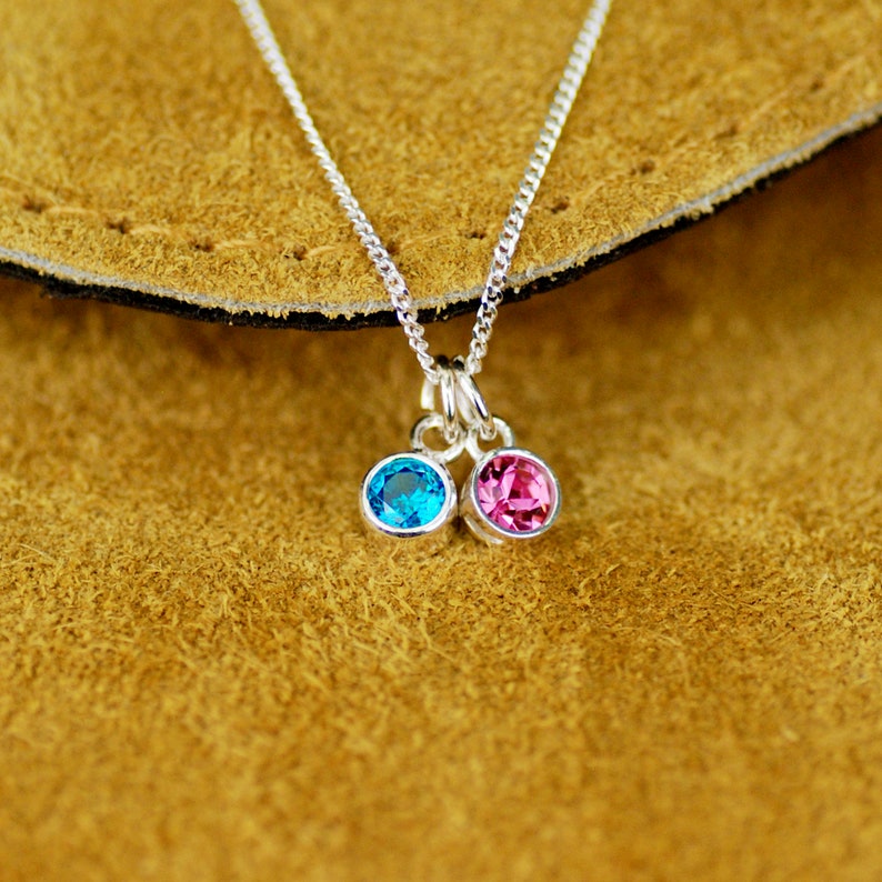 Sterling Silver Family Birthstone necklace with blue topaz/December and Pink Tourmaline/October birthstones