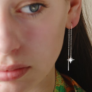 Shining Star Threader Earrings, Shining Star Drops, Sterling Silver Threader, Lunar Themed Celestial Jewellery, Christmas Star Gift for Her image 1