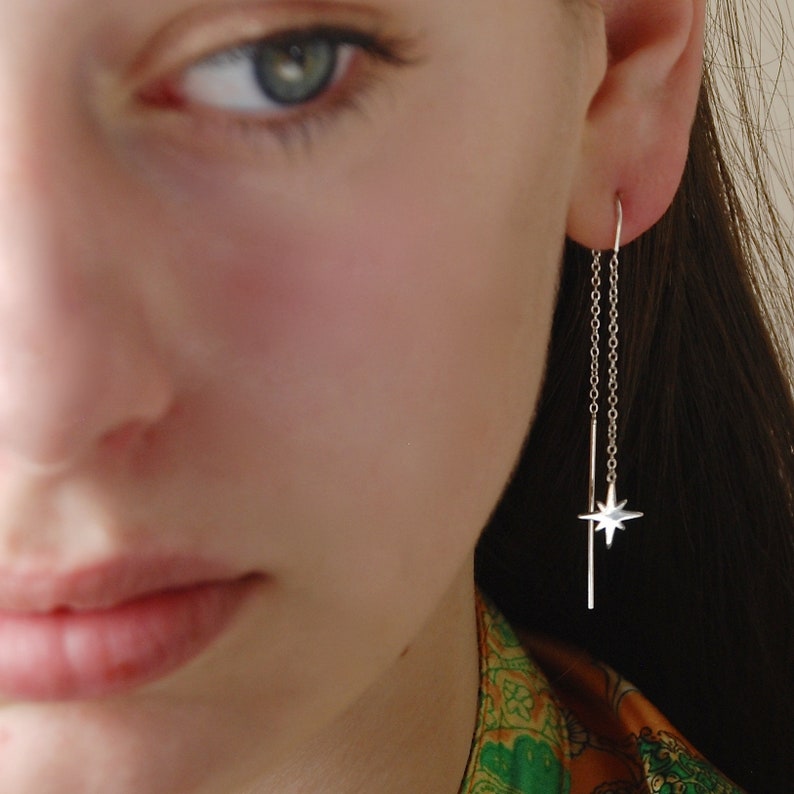 Shining Star Threader Earrings, Shining Star Drops, Sterling Silver Threader, Lunar Themed Celestial Jewellery, Christmas Star Gift for Her image 1