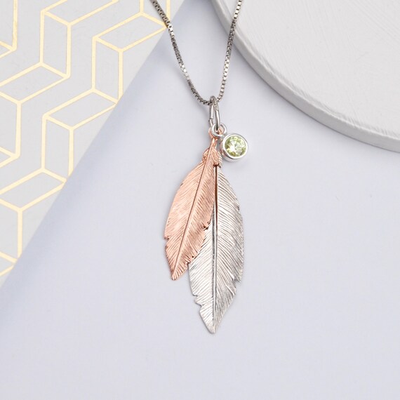 Rose Gold 925 Sterling Silver Feather Necklace Pendant Gift Present 