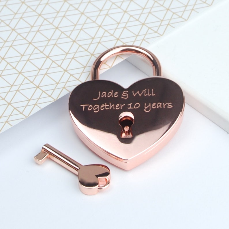 Personalised Rose Gold Heart Love Padlock, Engraved Love Lock, Love Token, Engagement Gift, Lovers Gift, Custom Love Token, Bridge Padlock image 1