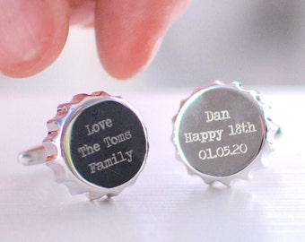 Custom Made Personalised Bottle Top Cufflinks, Beer Bottle Cap, 18th Birthday Gift, Coming of Age Boy Gift, Unusual Customised Cuff links