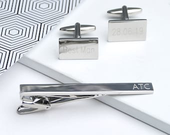 Personalised Silver Cufflinks and Tie Clip Set, Silver cuff links, Wedding Cuff links, Wedding Tie Clip, Custom Groom and  Best Man Gift Set