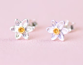 Sterling Silver Daffodil Stud Earrings, Gold Detail, Floral Jewelry