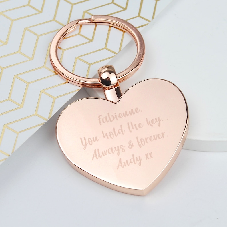 Personalised Solid Heart Keyring Engraved Rose Gold Key Etsy
