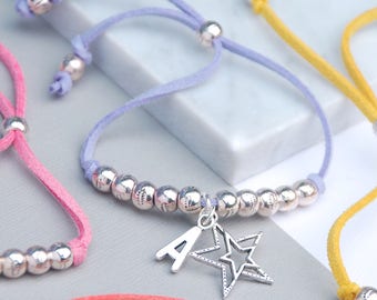 Handmade Girl's Suede Friendship Bracelet, Personalised Children's Initial Letter Charm Bracelet, Best Friend Gift, School Leaver Gift