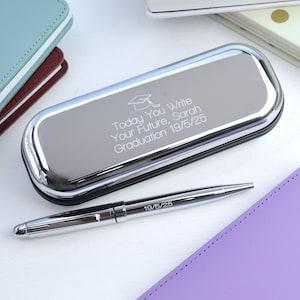 Custom Graduation Pen And Box Set, Personalised Boxed Chrome Pen Gift Set, Silver Engraved Pen, Exam success, Retirement Gift,Boxed Pen Set