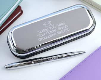 Custom Graduation Pen And Box Set, Personalised Boxed Chrome Pen Gift Set, Silver Engraved Pen, Exam success, Retirement Gift,Boxed Pen Set
