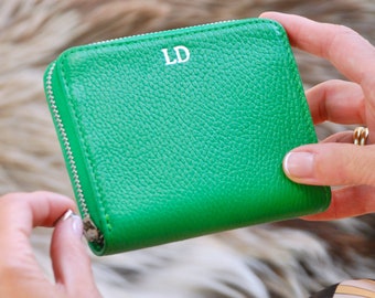Personalised Small Leather Zip Purse, Monogram Square Leather Purse, Pocket Wallet, Custom Women's Zip Wallet, Bespoke Leather Accessory,