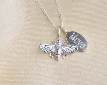 Personalised Silver Bee Necklace, Girl Strength Necklace, Nature Lover Gift, Honey Bee Pendant, 30th Birthday Necklace, Bespoke Gift for Mum