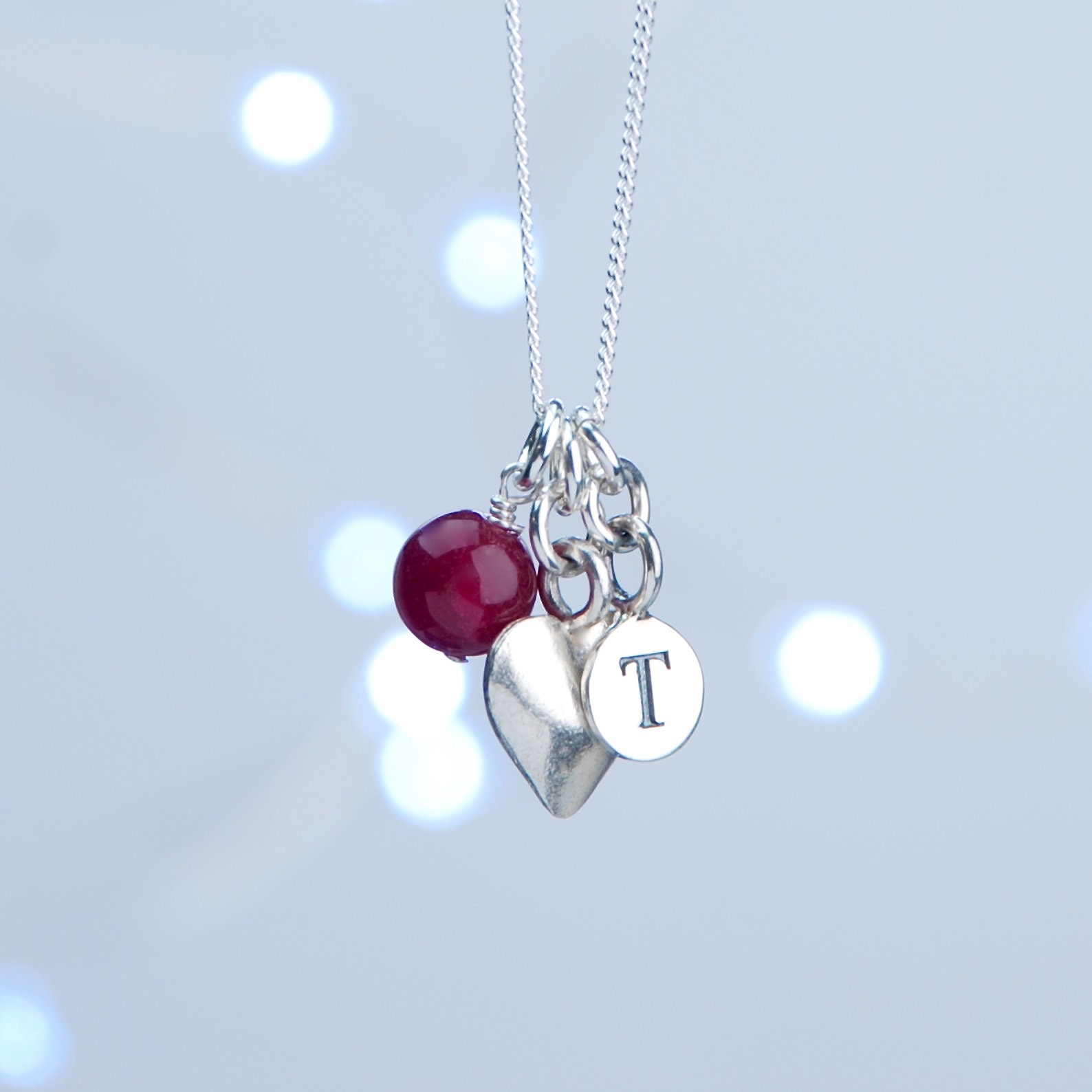 Personalised Sterling Silver Birthstone and Charm Necklace, Charm Necklace With Initial Letter Disc, Bespoke Birthstone Birthday Jewellery