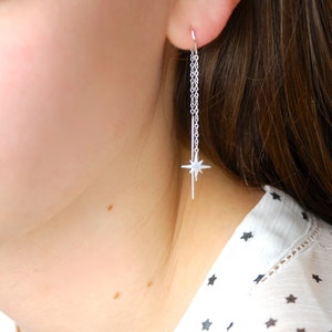 Shining Star Threader Earrings, Shining Star Drops, Sterling Silver Threader, Lunar Themed Celestial Jewellery, Christmas Star Gift for Her image 4