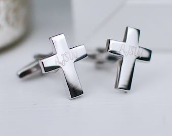 Personalised Silver Cross Cufflinks, Customised Cross Cuff links with Engraved Box, Christening, Baptism,Confirmation and Wedding Cufflinks,