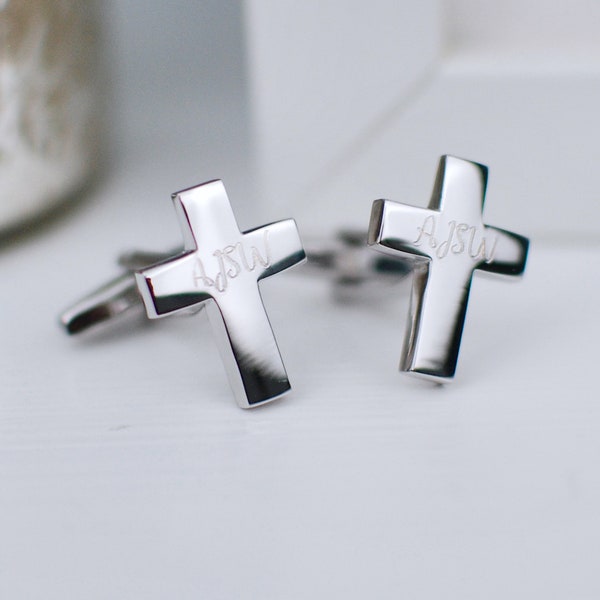 Personalised Silver Cross Cufflinks, Customised Cross Cuff links with Engraved Box, Christening, Baptism,Confirmation and Wedding Cufflinks,