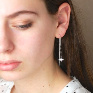 Shining Star Threader Earrings, Shining Star Drops, Sterling Silver Threader, Lunar Themed Celestial Jewellery, Christmas Star Gift for Her image 2