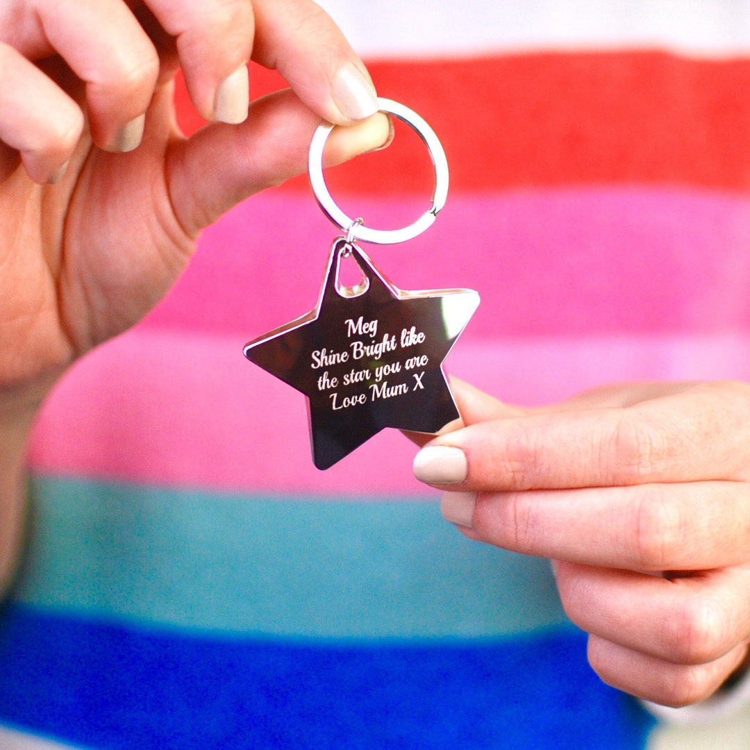 Personalised Silver Star Message Keyring, Engraved Star Key Chain, Star