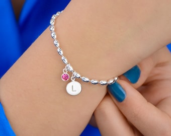 Personalised Silver Birthstone And Initial Bracelet, Custom Silver Seed Bracelet, Bridesmaid Jewelry, Letter and Birthstone Charm Bracelet