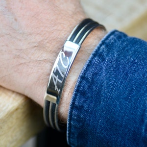 Men&#39;s Personalised Black And Silver Wire Bracelet,Custom ID bracelet,Waterproof stainless steel bracelet, Engraved Bracelet for Him,Dad Gift
