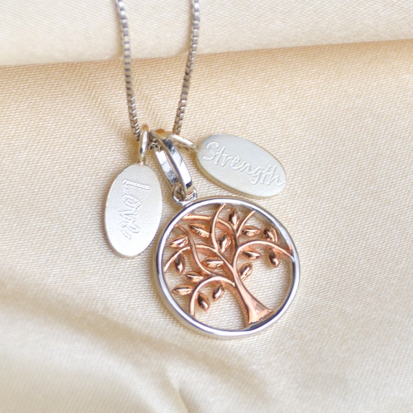 Collier arbre de vie personnalisé, pendentif arbre de vie en argent et or rose, collier arbre de vie symbolique, cadeau personnalisé pour elle, cadeau nouvelle maman