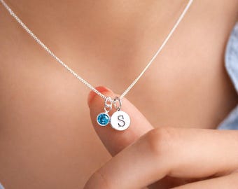 Sterling Silver Initial Birthstone Necklace, Personalised Mini Letter Birthstone Charm Pendant - 18" chain