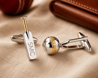 Gemelli da cricket personalizzati - Gemelli bicolore con mazza e palla da cricket incisi