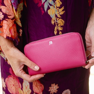 Monedero grande de piel con cremallera y monograma, monedero de piel personalizado, cartera de piel, monedero rosa, monedero personalizado, accesorios de piel a medida