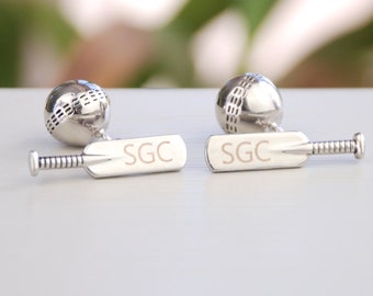 Personalised Cricket Bat and Ball Cufflinks with Chain, Silver Sports Cufflink, Engraved Cricket Lover Gift, Custom Sport Lover Gift