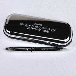 Personalised Pen and Box set shown with engraving in straight walk font choice.