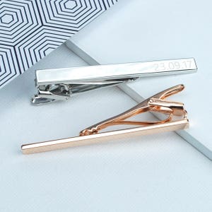 Personalised silver and rose gold tie clip showing clip detailing