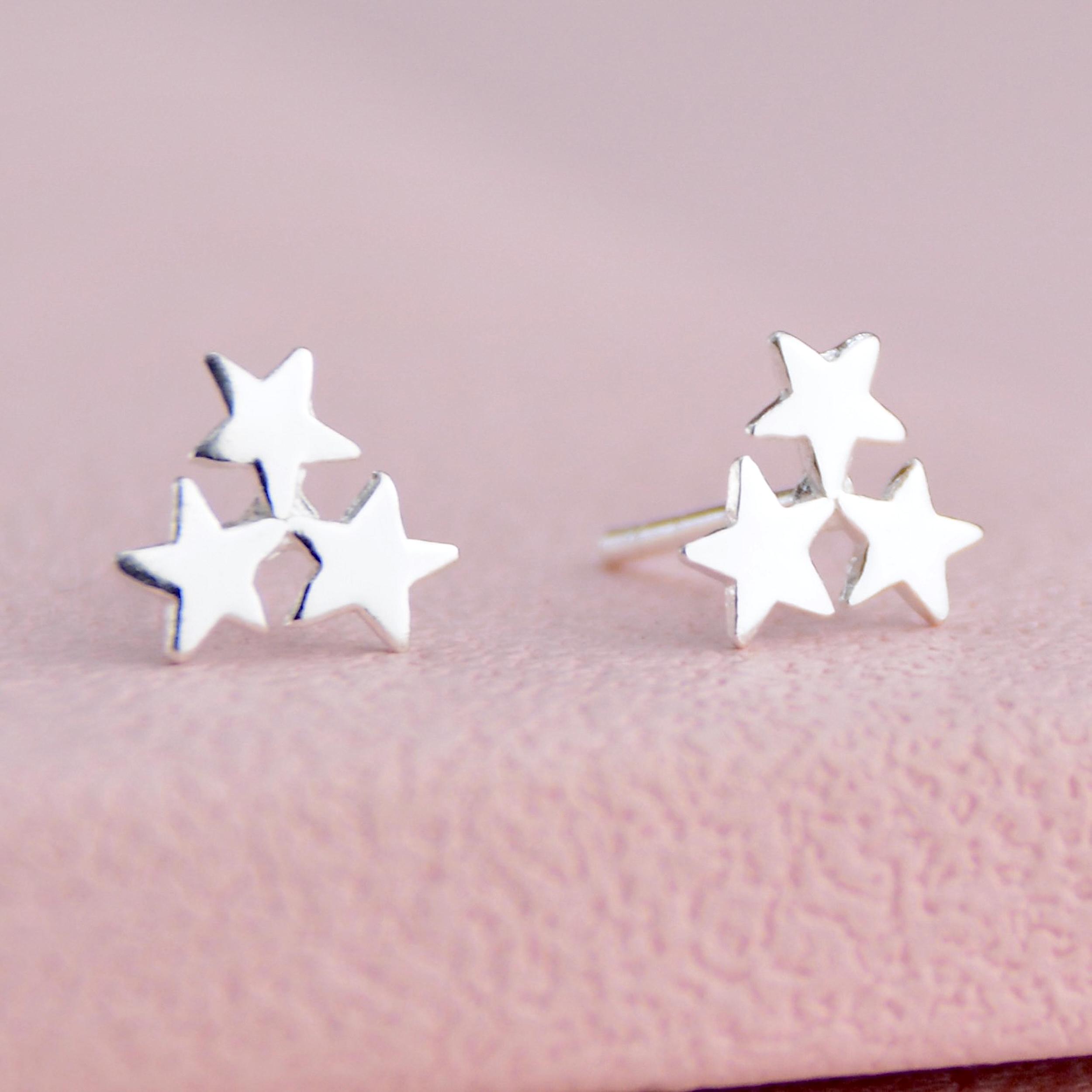 【mimi】TripleArrow Star Earring Curved Sterling Silver Mini Triple Star Cluster Stud Earrings, Star