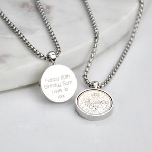 Men&#39;s Personalised 1965 Sixpence Necklace, Silver Lucky Coin Pendant, Dad 60th Birthday Gift, Engraved Keepsake Jewellery, 60th Gift for Him