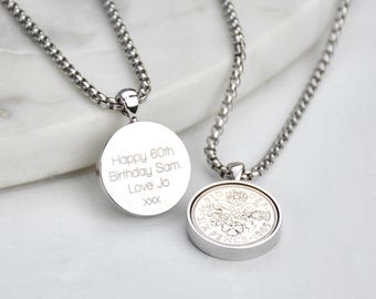 Personalised 1966 Sixpence Necklace, Silver Lucky Coin Pendant, Men's 60th Gift