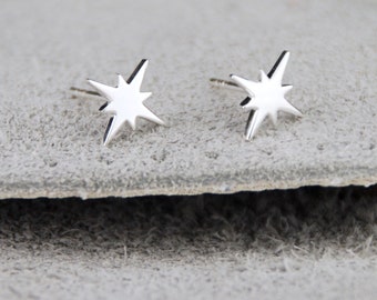 Sterling Silver Shining Star Studs, Northern Star Earrings, Celestial Themed Star Studs, Eight Point Star, Contemporary Star Stud Earrings