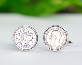 Personalised 90th Birthday 1934 Sixpence Cufflinks, Lucky Token, Good luck Gift, Men's Custom 90th Birthday Gift,1934 Year Event Anniversary