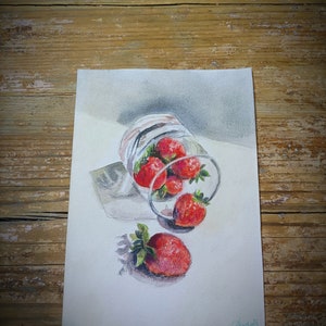 Aquareltekening van de auteur, enkel exemplaar Aardbeien in een glas