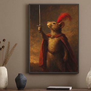May include: Framed artwork featuring a mouse dressed in a red cape and feathered hat, holding a sword aloft. The mouse is the central figure against a warm, sepia-toned background. The artwork is displayed on a dark wooden cabinet.
