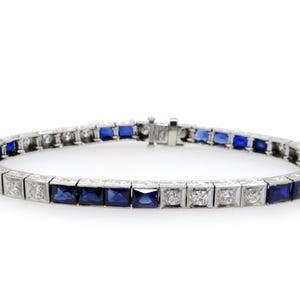 Art Deco Platinum 1.15ct European Cut Diamond Sapphire Straight Line Bracelet 6.75 inch