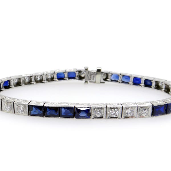 Art Deco Platinum 1.15ct European Cut Diamond Sapphire Straight Line Bracelet 6.75 inch
