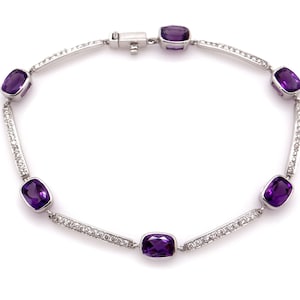 14k White Gold 5.75ct Oval Natural Amethyst Diamond Tennis Link Bracelet 7.25 inch
