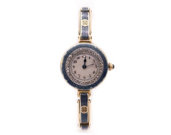 Exquisite CH Perrenoud 14k Yellow Gold Blue Gray Enamel 15 Jewel Natural Diamond Dress Wind Watch