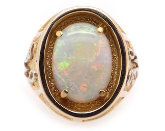 Mens 14k Yellow Gold 3.50ct Oval Cabochon Natural Opal Solitaire Pinky Band Ring Sz 10.5