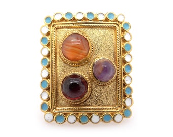 Retro 18k Yellow Gold Cabochon Garnet Agate Amethyst Multi Color Enamel Ring Size 6.5
