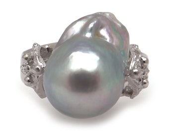 14k White Gold 14mm Gray Baroque Pearl Solitaire Ring Size 6.25