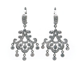 Amazing 18k White Gold 1.51ct Round Diamond Dangle Bezel Swirl Chandelier Drop Earrings