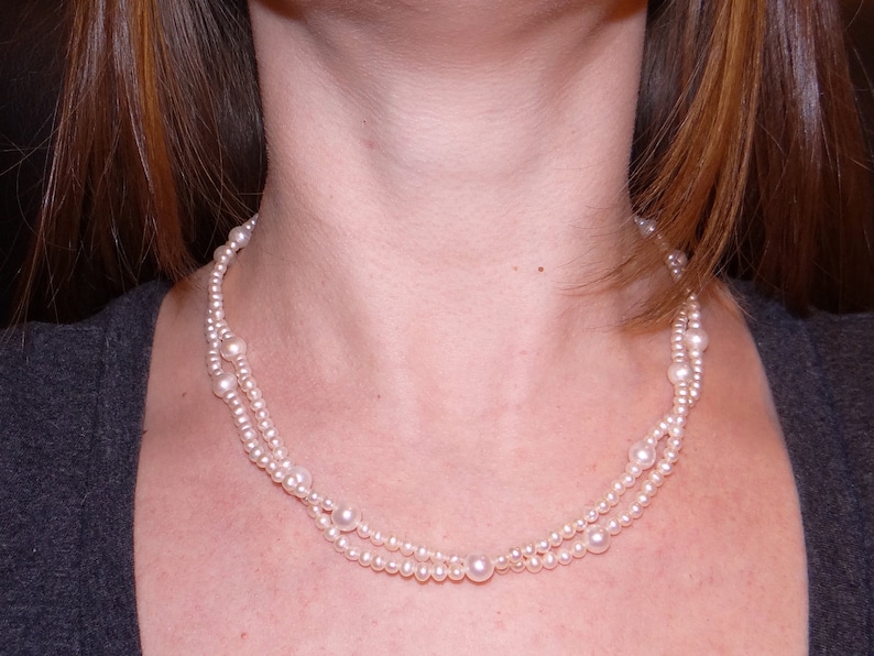 Unique 10k Yellow Gold 6.5mm White Freshwater Pearl Double Strand Necklace 18 inch