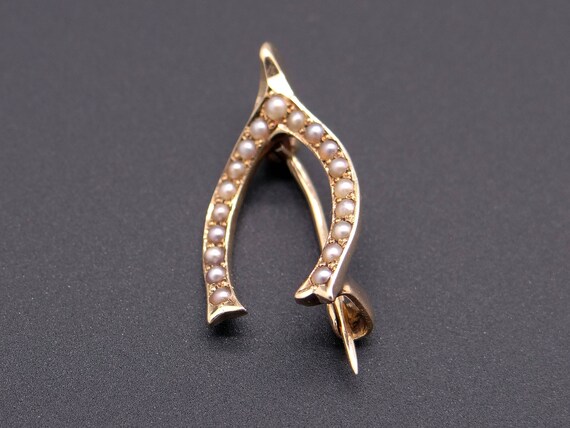 Victorian 14k Yellow Gold Seed Pearl Wishbone Bro… - image 3