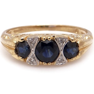 Beautiful Retro Era 14k Yellow White Gold .64ct Round Cut Natural Blue Sapphire Diamond Anniversary Band Ring Size 7