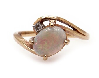 Adorable 10k Yellow Gold 0.78ct Multi Color Cabochon Opal Diamond Swirl Ring Size 8