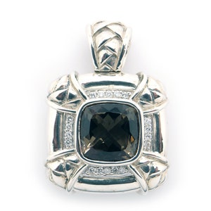 Scott Kay Silver 3ct Cushion Natural Smokey Quartz Diamond Omega Slide Enhancer Pendant