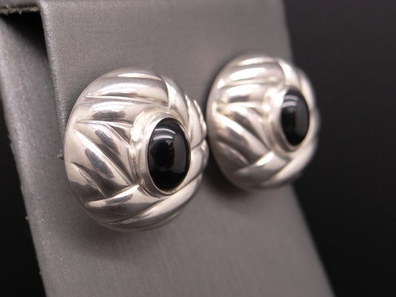 Sterling Silver Cabochon Black Onyx Button Stud P… - image 4